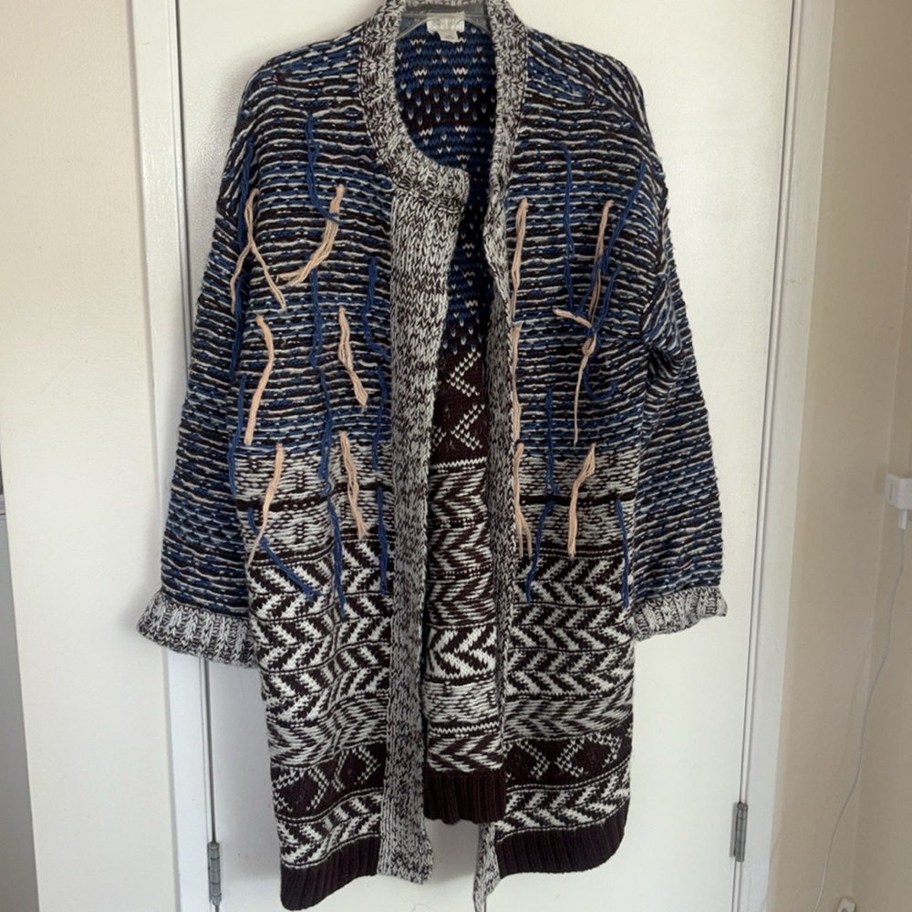 Caslon cardigan fringe bohemian blue and brown by Nordstrom 2x